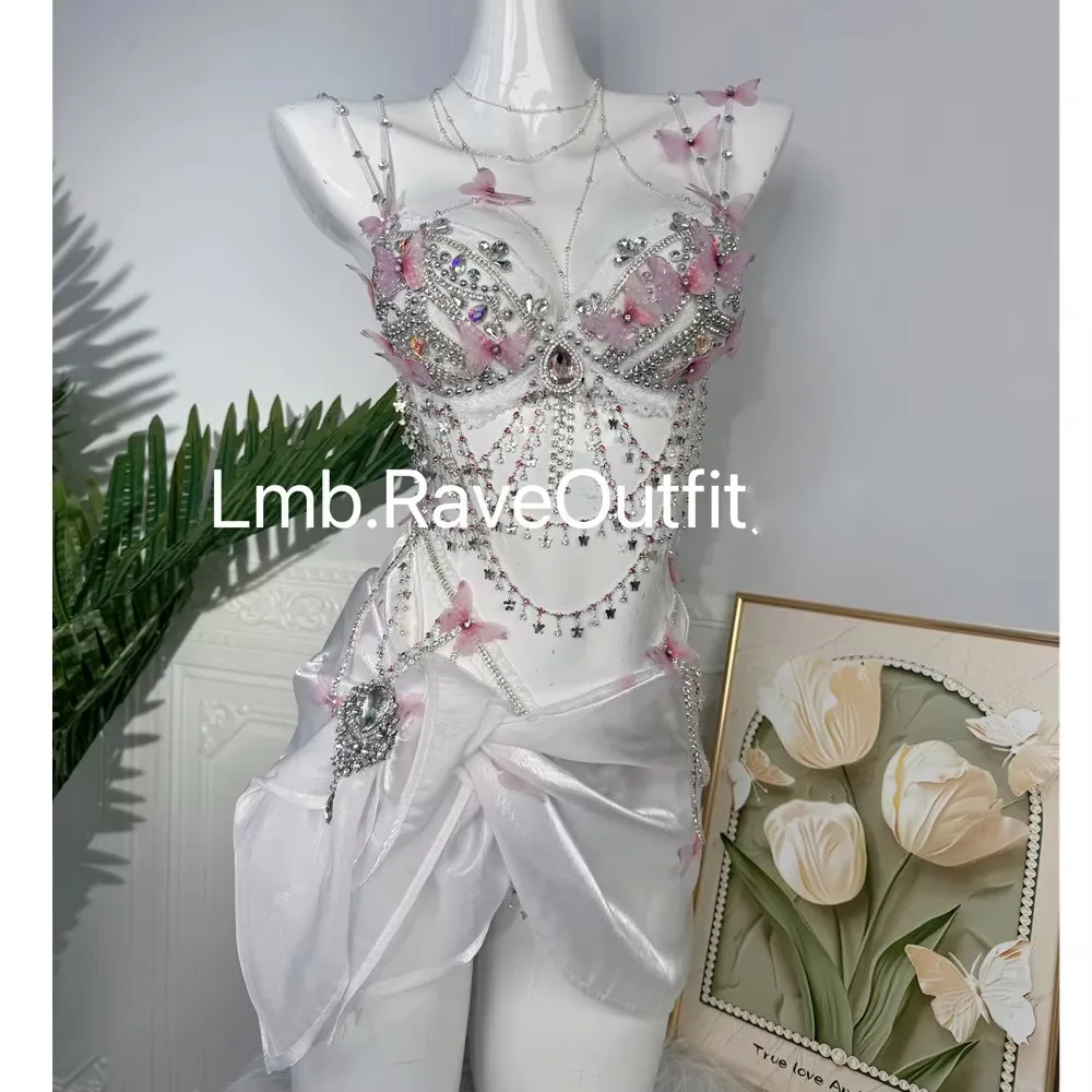 Women's Pink Blue Butterfly Chains Bikini Set for Carnival Party Music Festival Nightclub DJ Singer Stage Performance Costume