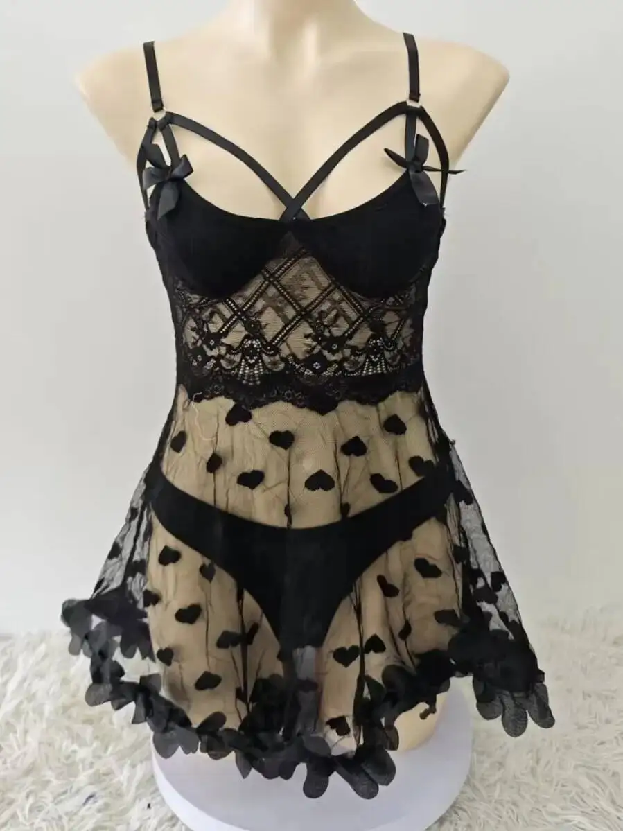 New Sexy Mesh Heart Flower Red Sheer Nightdress Sexy Dress Backless Deep V Suspenders Sleeveless Charming Casaul Elegant 0CGH