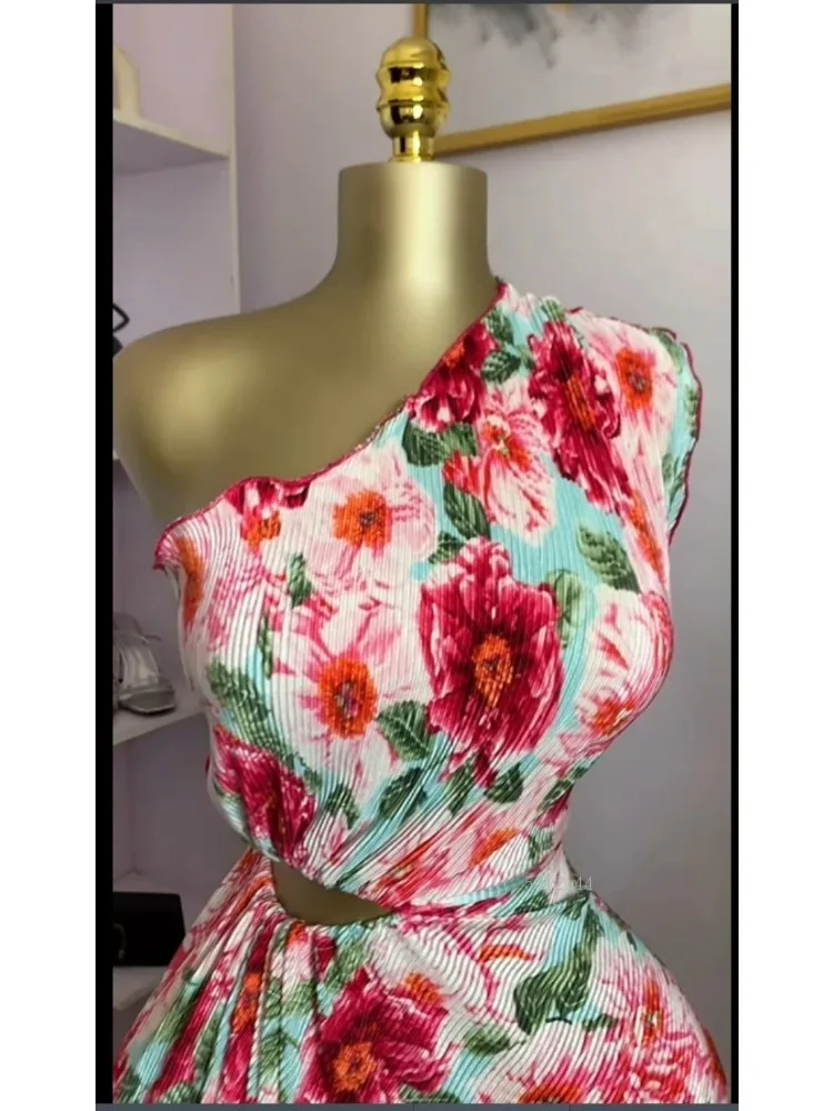 Elegante dames bloemenprint één schouder schuine hals uitsparing taille geplooide maxi lange jurk 2025, zomer verjaardag vakantie jurken