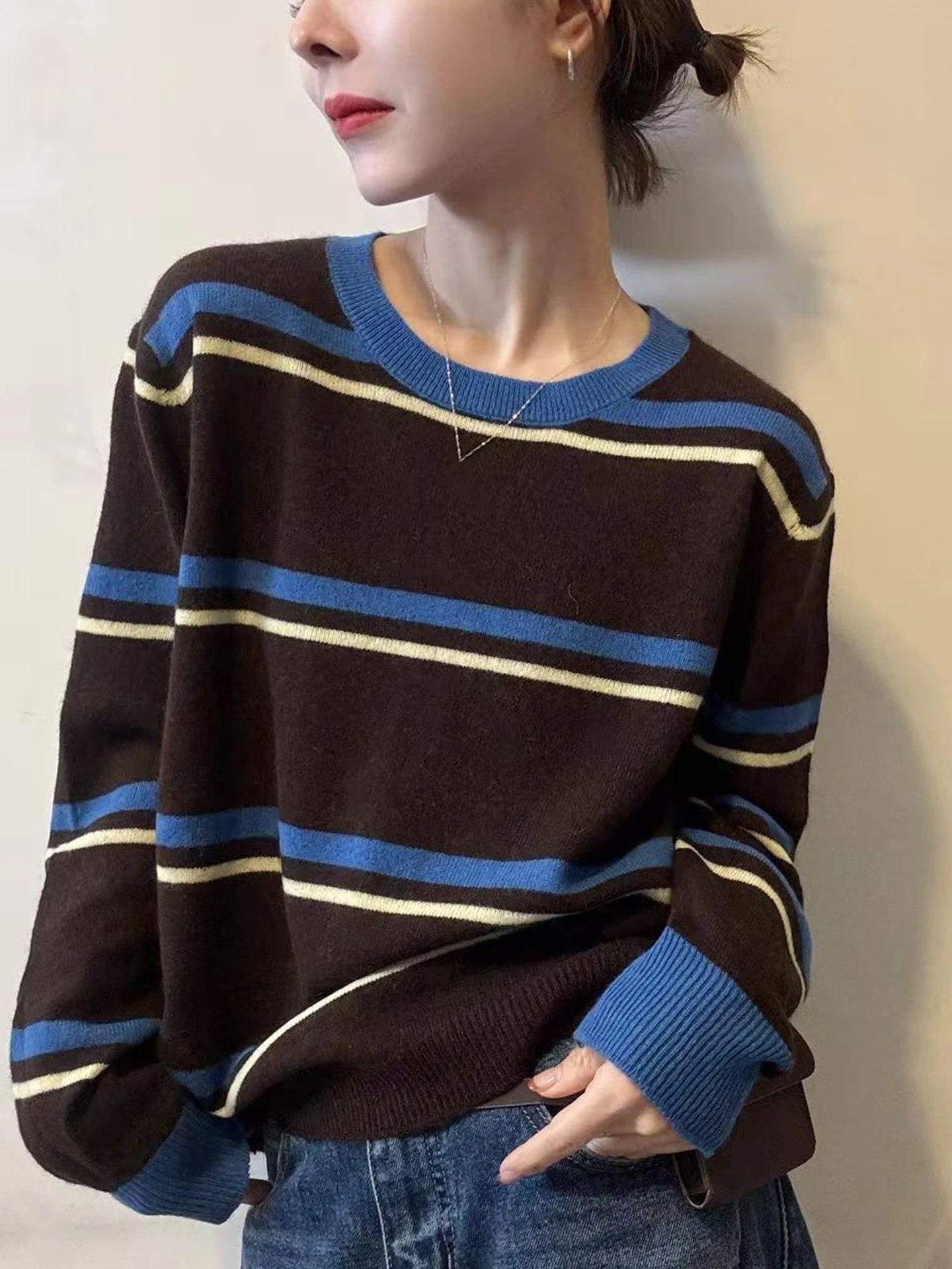Comfortable Striped Knitwear Long Sve round Ne Pullover Color Blo Slimming Sweater Korean Sle Loose Fit Autumn Top