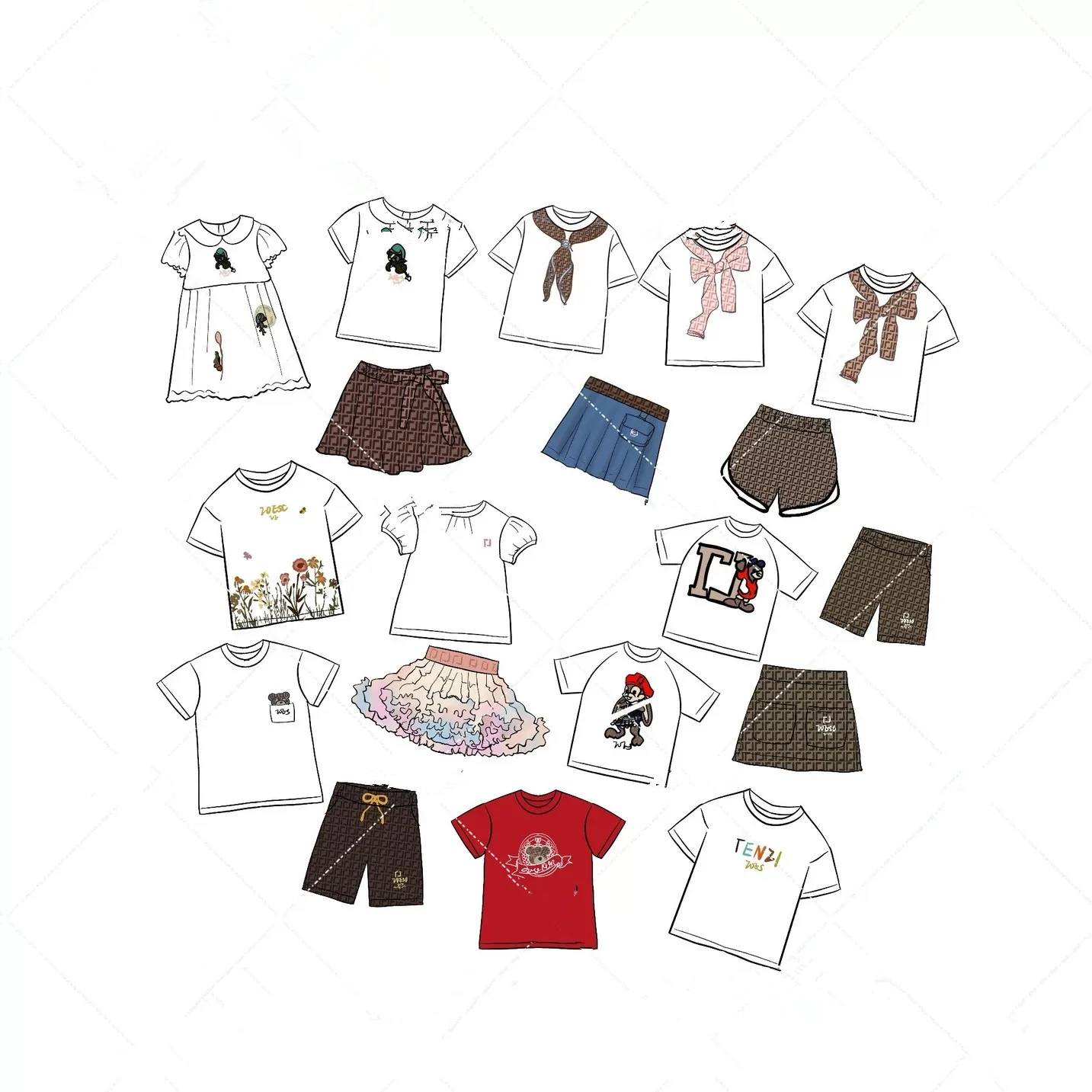 Spring and summer children's set with letter teddy bear elements, pure cotton short sleeved T-shirt, casual shorts, cake skirt,