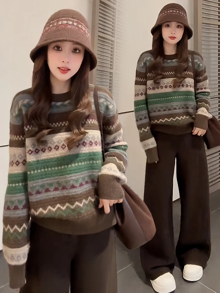 

Faionable Casual Women's Stripe Sweater High Waist Wide Leg Pants Two Piece Set Color Blo Winter Warm Thiened Winter Ou...