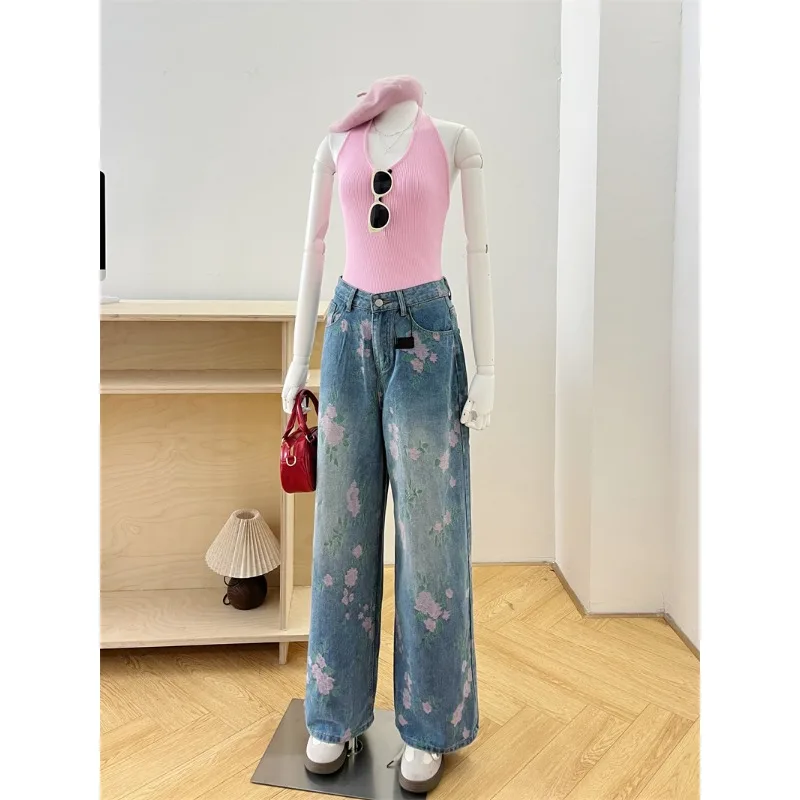 

Women's American Retro Print Straight Denim Pants Versatile High Waist Loose Wide Leg Jeans Summer Autumn Casual Trousers