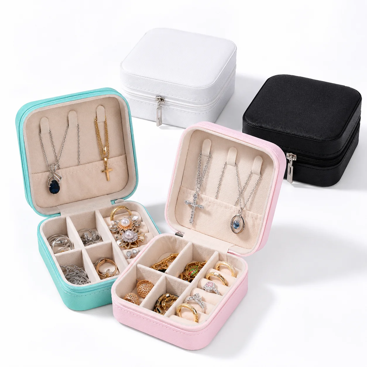 Tragbarer Schmuck-Organizer aus PU-Leder mit mehreren Fächern, Reise-Reißverschlusstasche für Ringe und kleine Accessoires – Detail 3