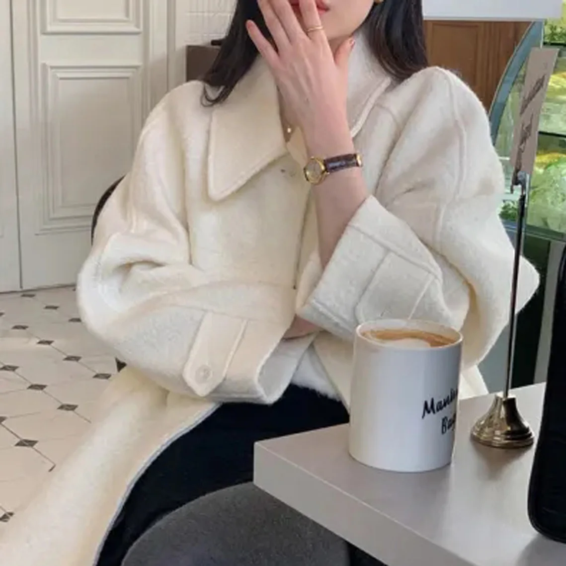 

Ретро-шик: Шерстяное пальто с одной пуговицей, длинными рукавами, повседневное, универсальное, свободного кроя, с отложным воротником, верхняя одежда для женщин