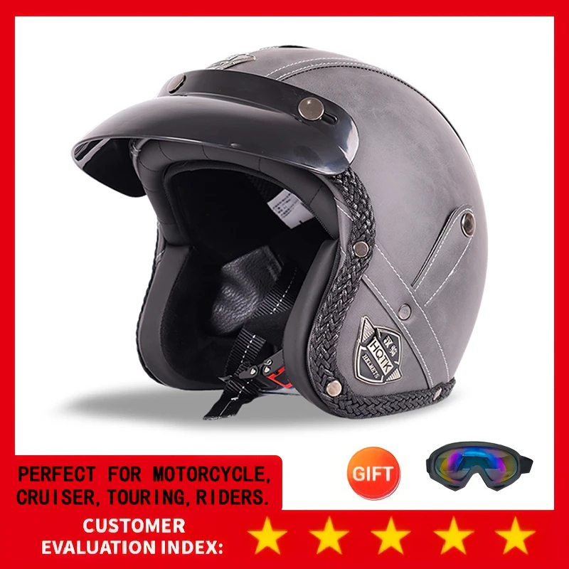 

Зимний кожаный мотоциклетный шлем в стиле ретро с клетчатым узором 555, размер 3/4 на все сезоны