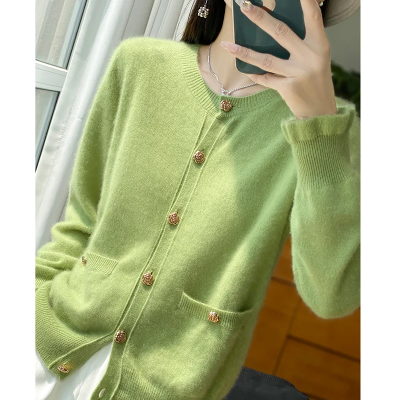 YSC2024 New Women's Classic Australian Pure Wool Rose Button Knitted Cardigan Long Sleeve Casual High Quality Knitted Sweater