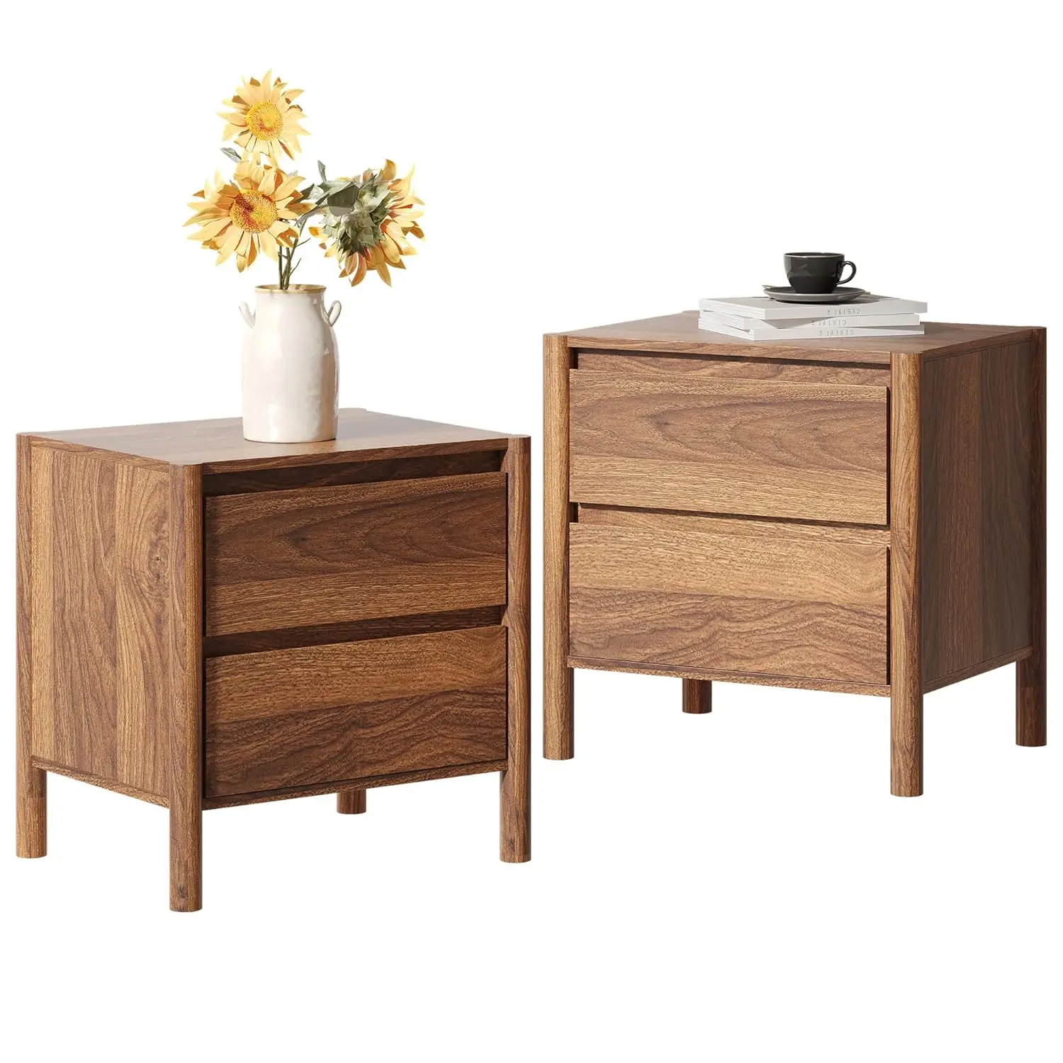 2 Pcs Nightstand Sets for Bedroom,Walnut Farmhouse Bedside Tables with 2 Drawers and 4 Sturdy Solid Wood, Customized