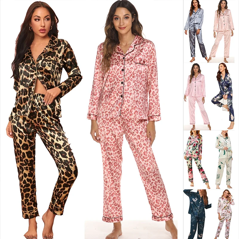 Silk Pajamas Set For Women Sleep Lounge Wear Female Pyjamas Leopard Fashion Lady Long Sleeve+Pants Nightwear Sexy 2023 Spring