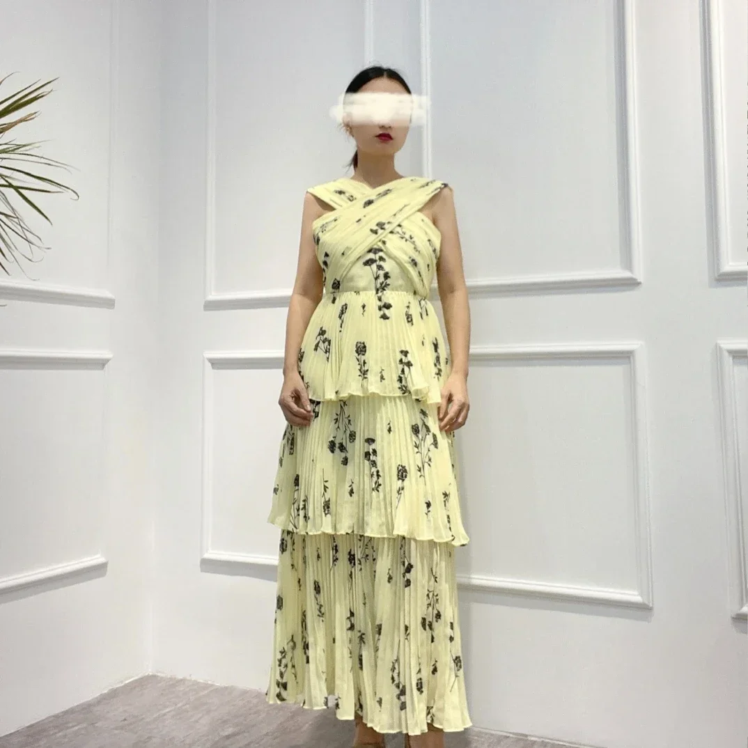 2022 Women Summer High Quality Black Botanical Print Light Yellow Sky Blue Cross Ruched Sleeveless Midi Dresses