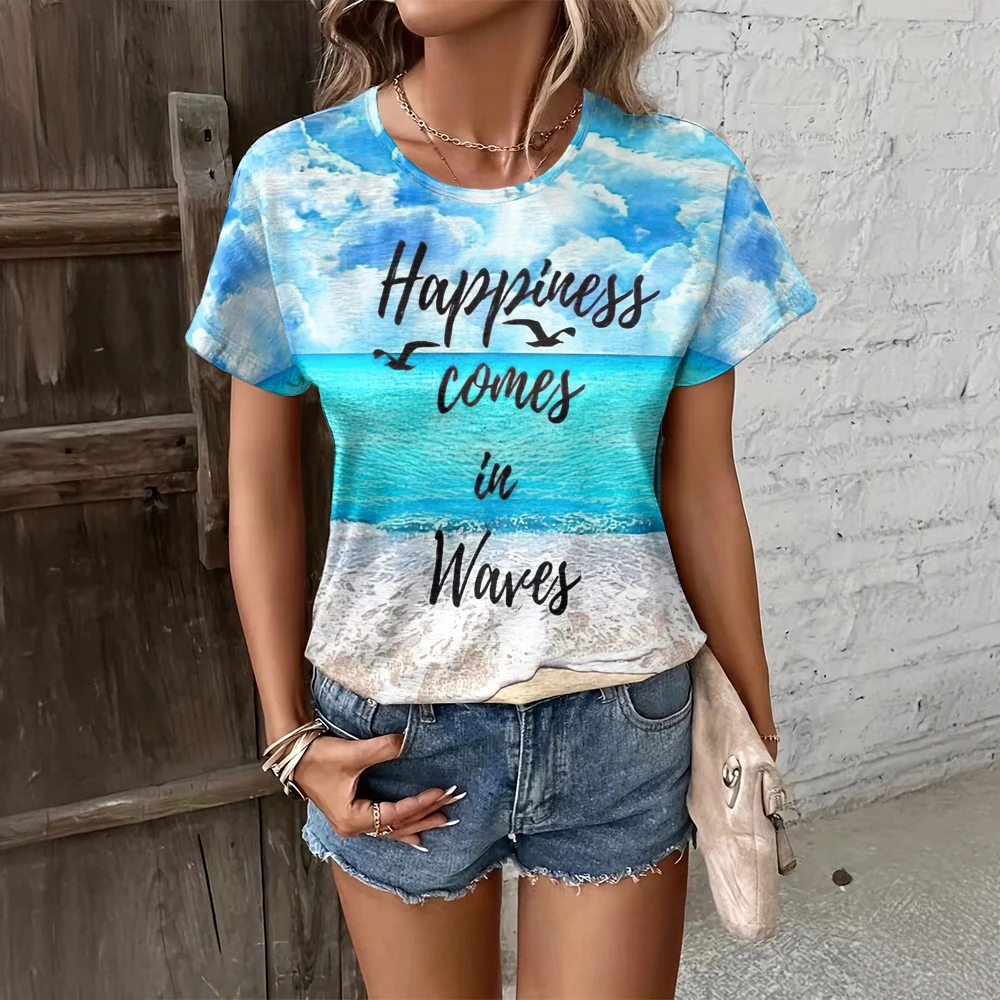 

Hawaii Beach Digital Pattern Round Neck Women Tshirt Casual Style Short Sleeved Top Quick Drying Fashion Vacation Clothing