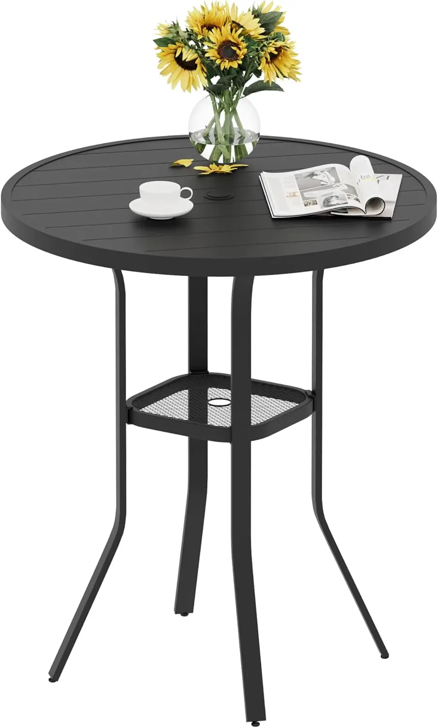 

Patio Bar Height Table, Round Outdoor Bar Table with Umbrella Hole, 37" Black