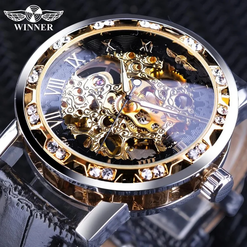 Official brand of free shippingFashion Diamond Dial Men's Mechanical Hollow Watch Black Gold Retro Luminous Pointer