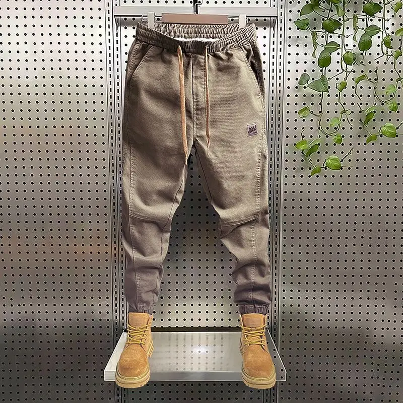 2023 Spring Autumn NEW Men\'s Clothing Solid Color Elastic Waist Bind One\'s Feet Cargo Pants Man Vintage Fashion Casual Pants