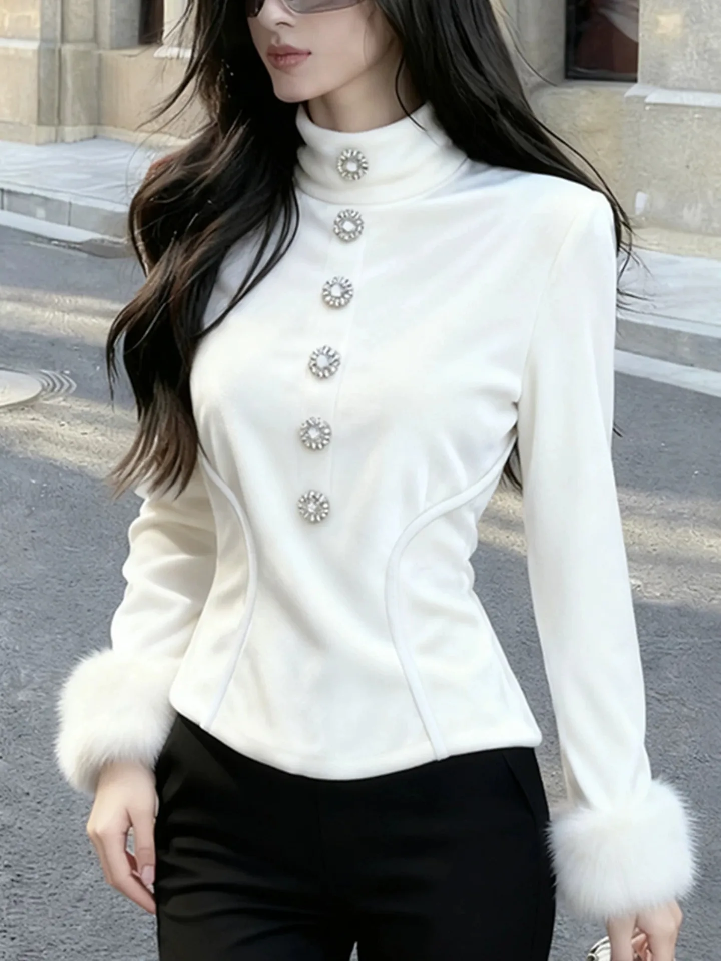 

Ele Velvet irt Women's Faionable Slim Fit Long Sve f High Collar Top Unique Sli Beautiful Belted Waist