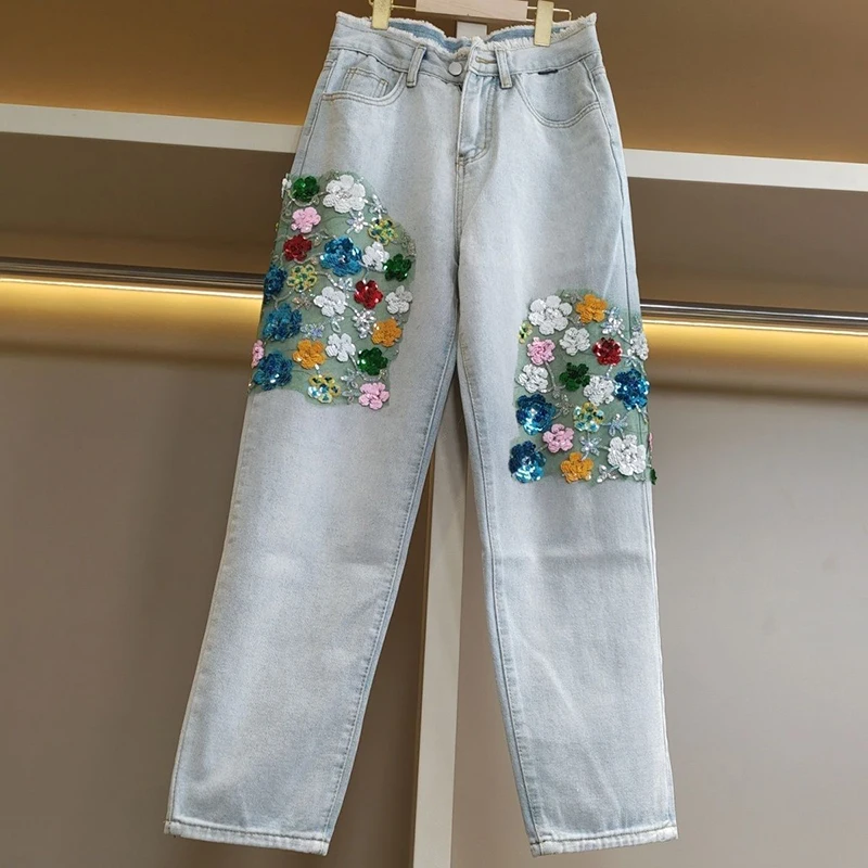 

Новые прямые джинсы с бриллиантами и цветком для женщин ранней осени, модные свободные индивидуальные девять укороченных брюк