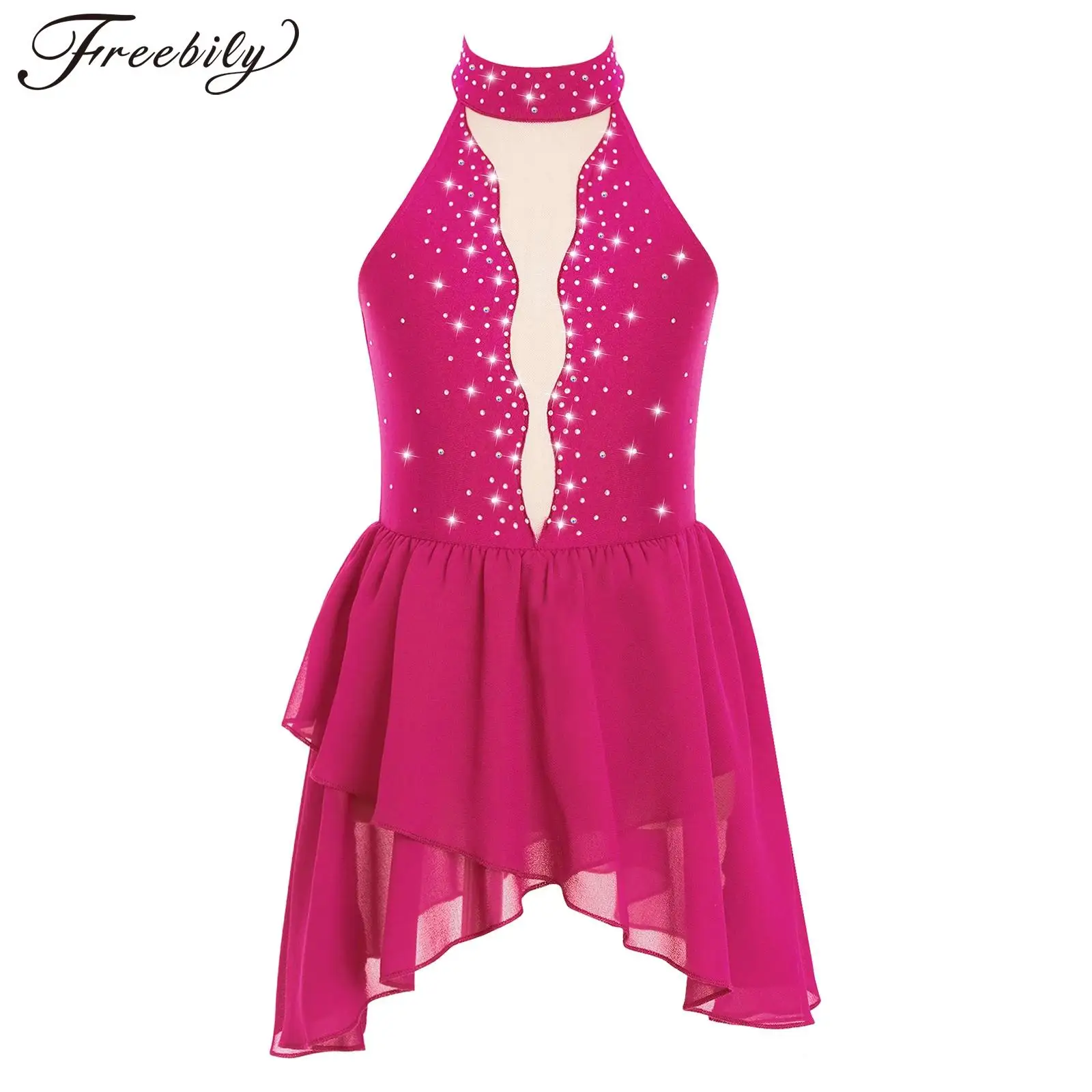 Kids Girls Modern Lyrical Dance Dress Figure Skating Gymnastics Performance Costume Sleeveless Rhinestone Mesh Leotard Dancewear