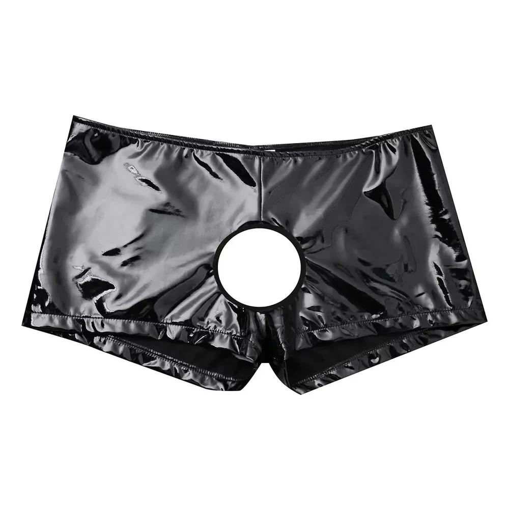 

Men Sexy PVC Shiny Leather Open Crotch Gay Boxer Brief Crotchless Elasticity Wet Look Shorts Erotic Tight Hollow Out Underwear