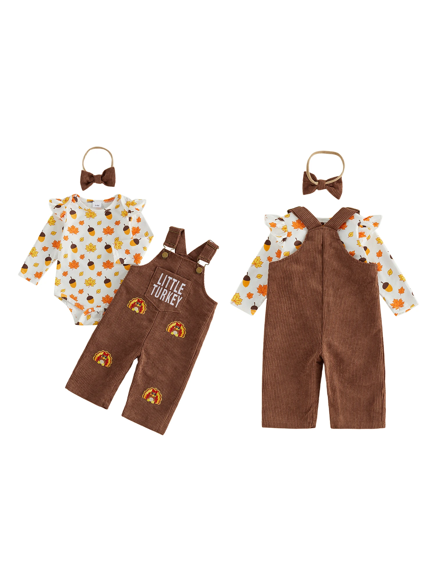 Maple Leaf Print Thanksgiving Sets Outfits Long Maple Leaf Outfits-Long-Sleeve Embroidery-Suspender-Pants Turkey