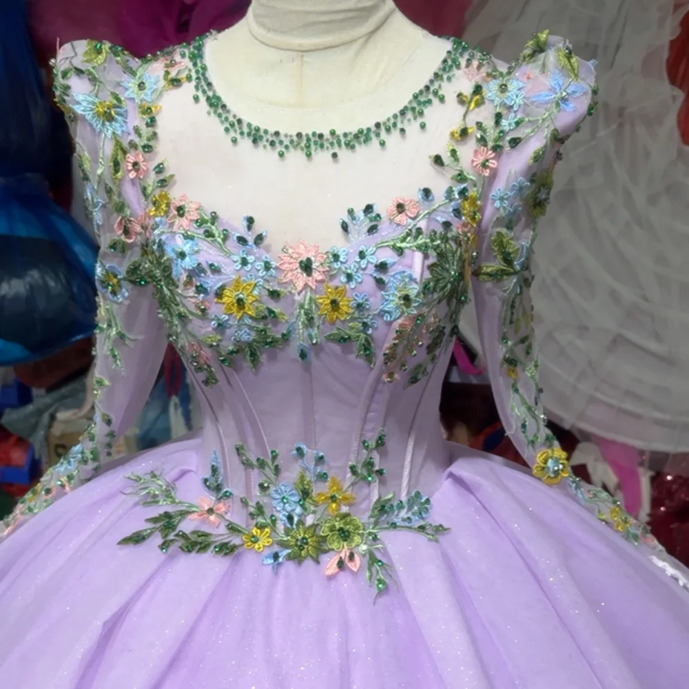 Abito da sera viola O-Collo Manica lunga Ricamo di perline Lace-Up Buco della serratura sul retro Abito personalizzabile da donna per il 2026