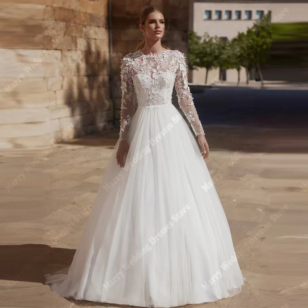 

Round-Neck A-Line Women Wedding Dresses Charming Lace Appliques Bride Gowns Modern Lace Long Sleeve Vestidos De Novia Customized