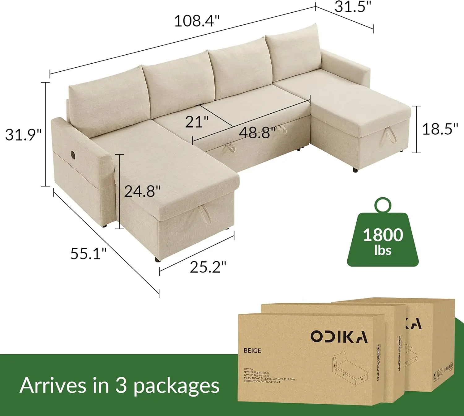 U Shaped Convertible Sleeper Sofa Bed, Sectional Couch for Living Room - Dual USB-C Charging, Pull Out Bed, Reversible Chaise