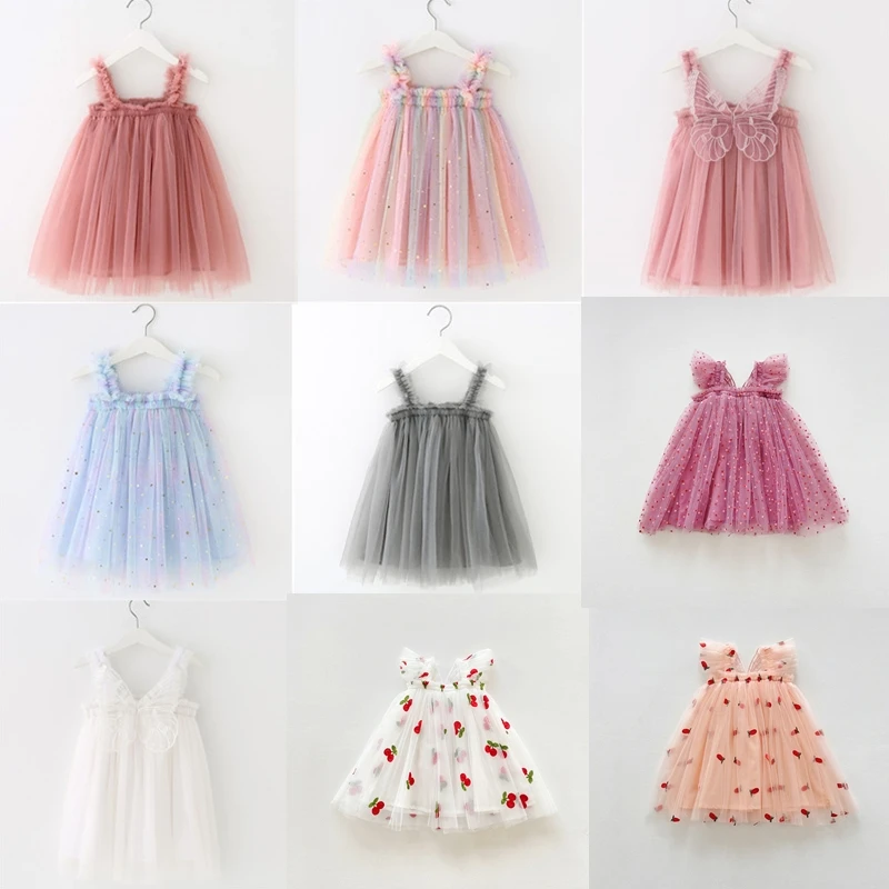 Cute Baby Sequin Party Princess Dress Toddler Girl Birthday Tulle Boutique Outfit Kid Summer New Ballet Sleeveless Strap Clothes