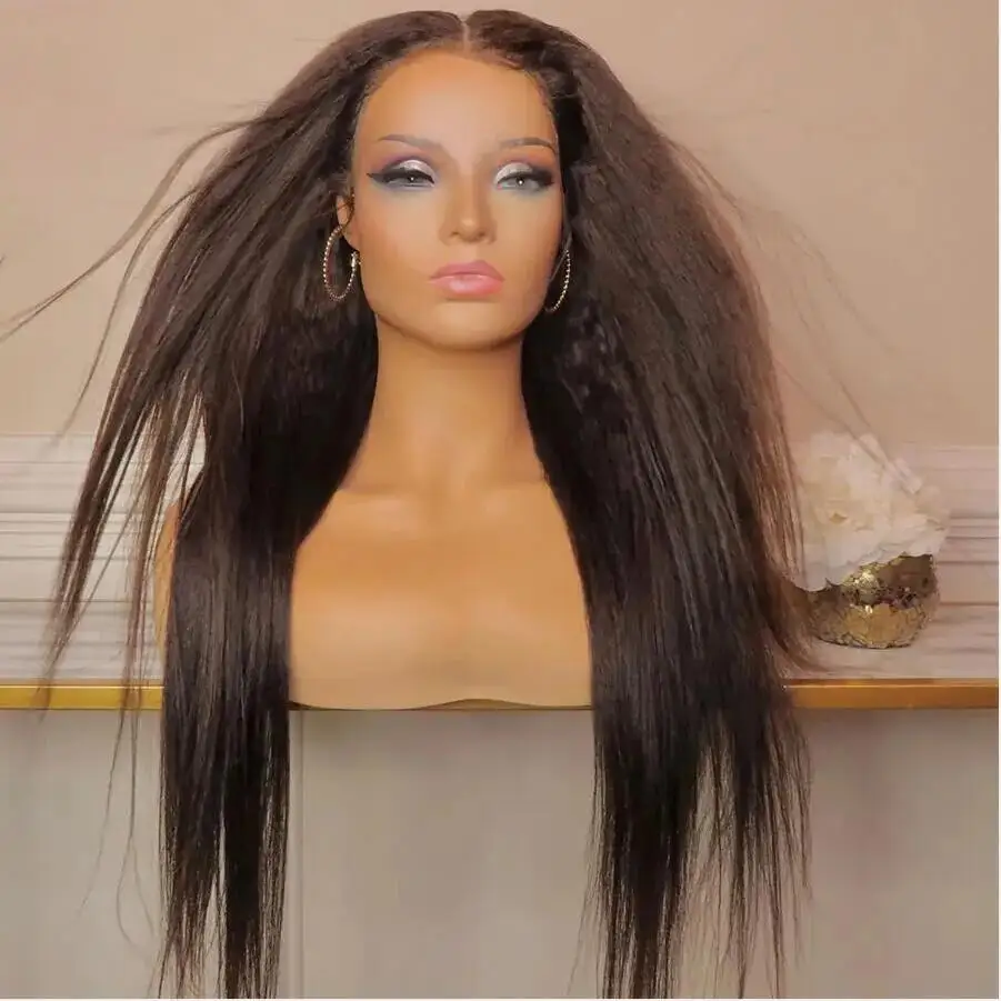Kinky Straight Yaki Natural brown 24Inch Long Glueless Soft 13x4x1 Lace Front Wig For Women With Baby Hair Preplucked