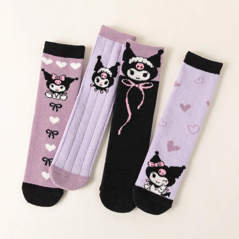 Sanrio Kuromi calcetines para niños Otoño e Invierno calcetines gruesos de terciopelo coral hasta la pantorrilla niñas bebé lindas medias cálidas de dibujos animados