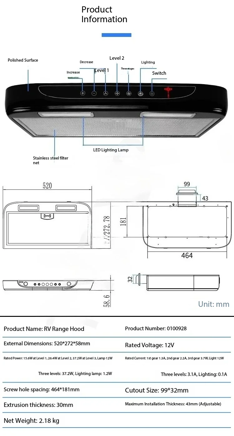12V Car Kitchen Range Hood with Touch Switch and Key Type, Removable LED Light for Easy Cleaning in Camper and Caravan