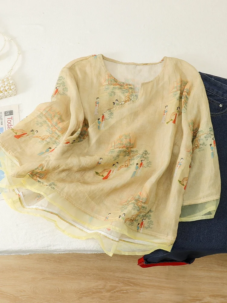 

Retro Print Flax irt Women's Early Autumn New Chinese Sle National Wind Oblique Button V-ne Summer Linen Small Top