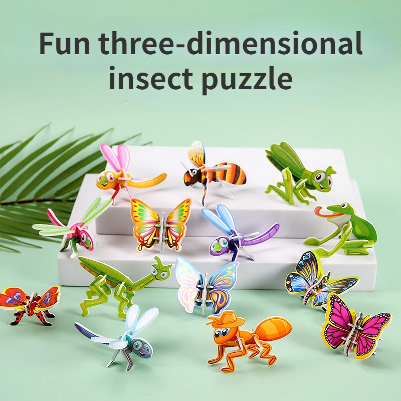 3D Three-Dimensional Paper Insect Puzzle for Kids, Children's Toys, Cartoon, Assembly Model, DIY, Educational Toy, 10Pcs