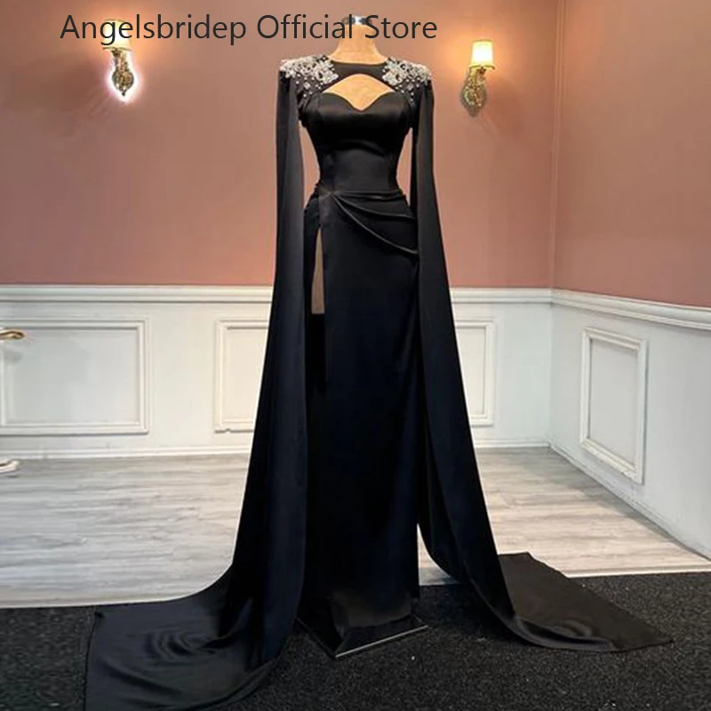 

Angelsbridep Elegant Black Prom Dress Mermaid Satin Evening Gowns Wraps With Crystals Party Graduation Dresses Vestido De Noche