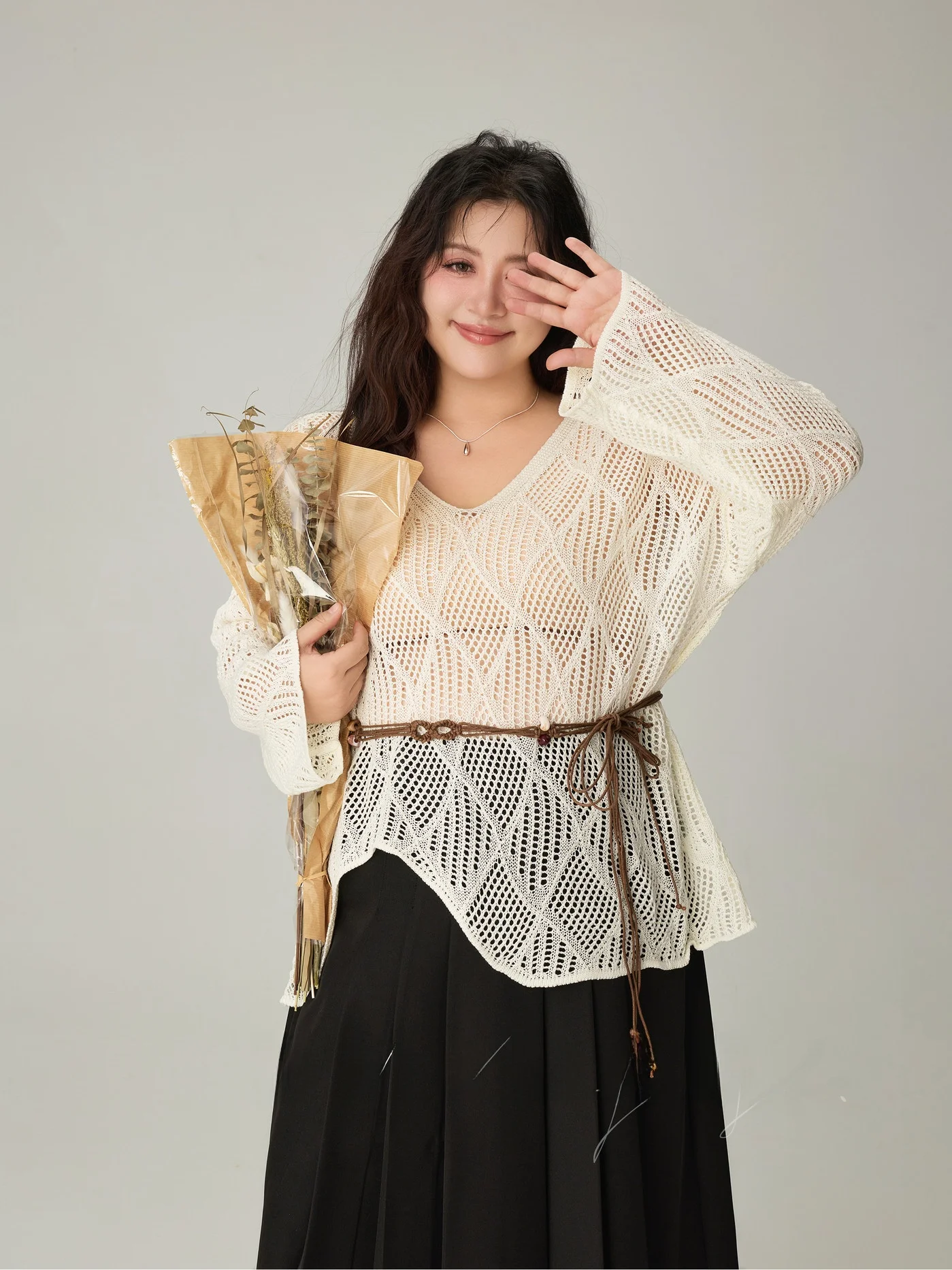 

Ladies plus Size Knitted Hollow out Casual Sle Top Waist Cinched Slimming Trendy Autumn New Arrival Loose Fit Knitwear