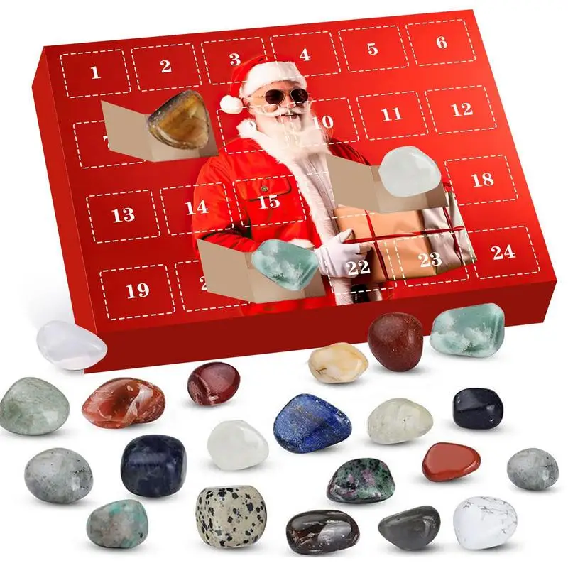 Weihnachts-Adventskalender, natürliche Kristall-Edelsteine, Sammelbox, 24-Tage-Countdown-Kalender, Kristallstein, Weihnachtsgeschenk für Kinder