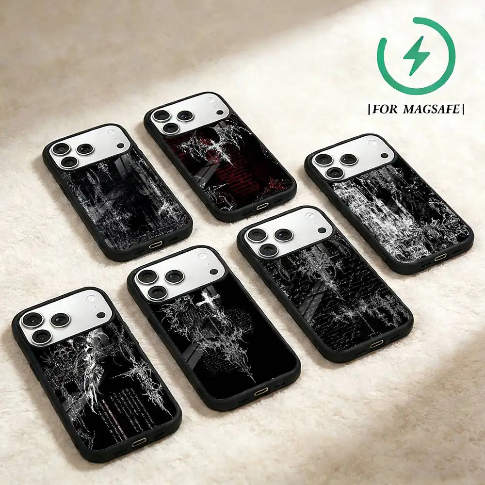 

Gothic Cyber Sigil Cross Phone Case For iPhone 17 16 15 14 13 12 Pro Max Plus for Magsafe Mirror Wireless Magnetic Cover