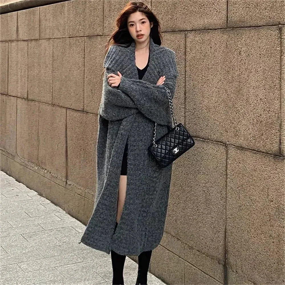 2024 Autumn/Winter Female Loose Lazy Style Knitted Coat Women French Retro Collar Medium length Sweater Knitted Cardigan Coat