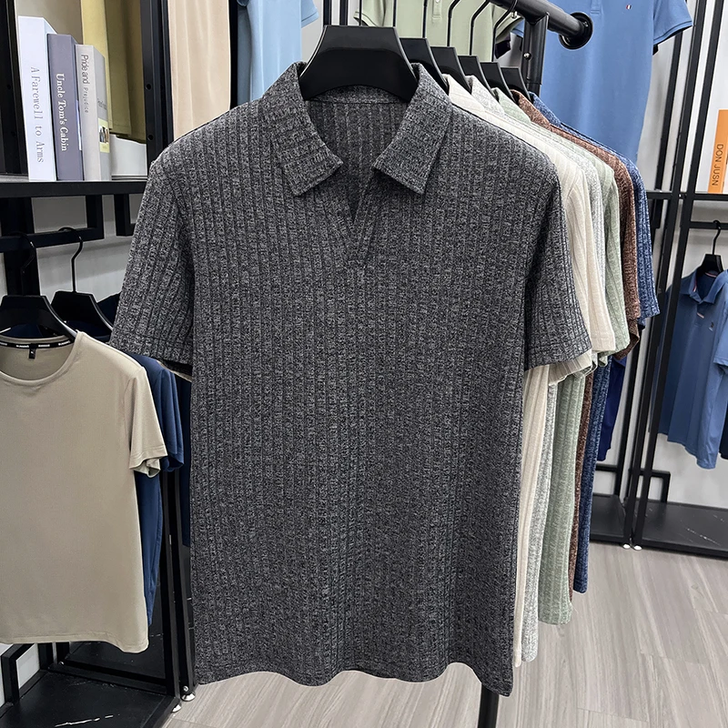 Herren Atmungsaktives Strick-Poloshirt Kurzarm V-Ausschnitt Gestreifter Stoff Bequem Leichtgewichtig Lässig Business Tägliche Kleidung – Detail 27