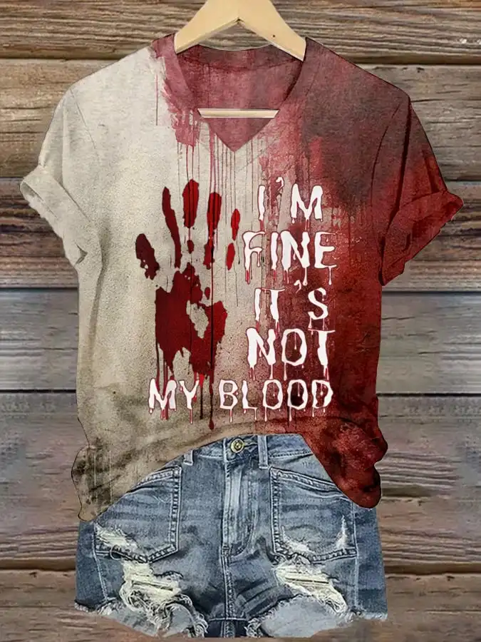 Women's Bloody Problem Solved Halloween Print V-Neck T-Shirt