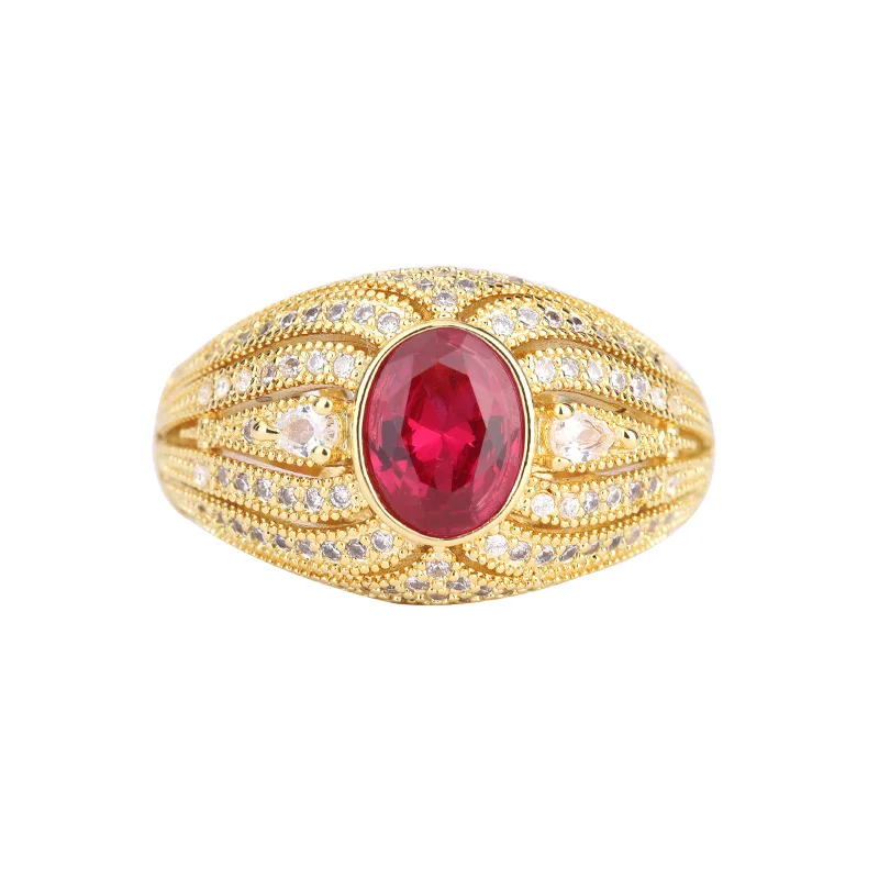 Jewelry Gold Plated Ins Trendy European and American Fashion Colorful Gemstone Vintage Gold Adjustable Ring Female Main Stone 6*