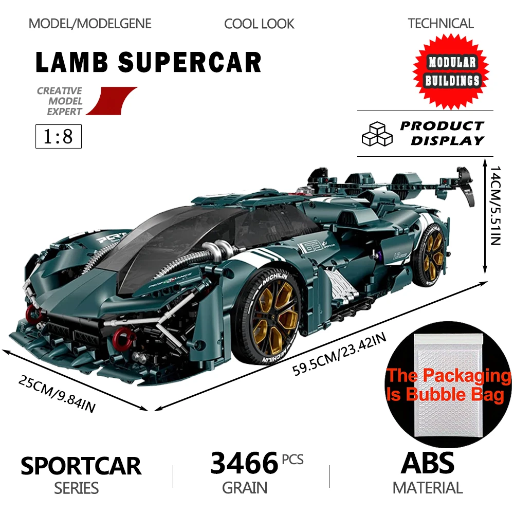 1:8 Scale Lamb Supercar Model Building Block Technical Desktop Decoration Assembly High tech Bricks Set 3466PCS Kid Toy For Gift