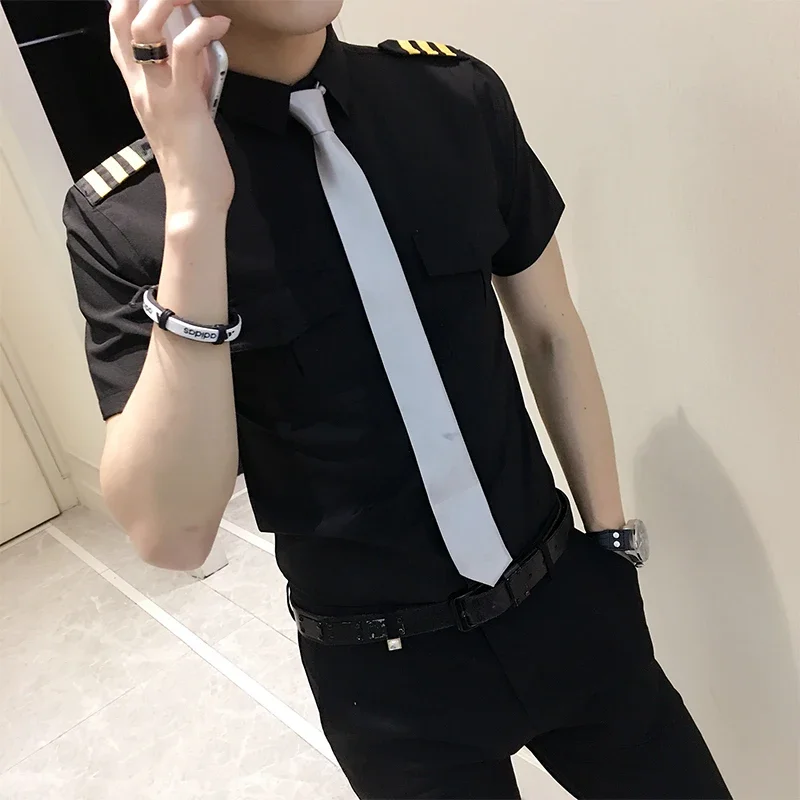 New Arrivals Mens Short Sleeve White Airline Pilot Uniforms Hair Stylist Fashion Slim Fit Black Workwear Big Size Male Clothing