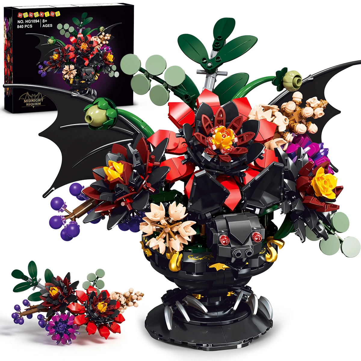 Dunkle Nacht Romantische Retro-Gothic Fledermaus-Dahlien-Blumen Bausteine Einzigartiger Künstlicher Blumenstrauß Heimdekoration Blühende Blumen Halloween Weihnachtsgeschenk für Erwachsene und