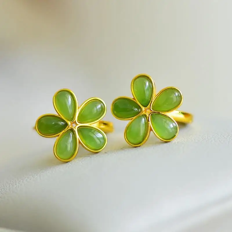 Genuine China Nephrite Stone Green Hetian Jade 925 Silver Flower Stud Earrings Women Certified Jewelry Girlfriend Elegant Gifts
