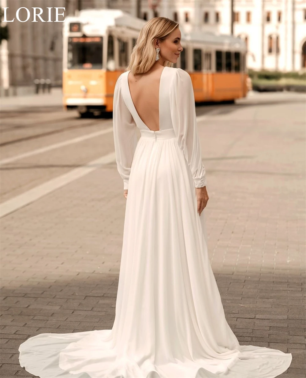LORIE Elegant Ivory Wedding Dresses Deep V-Neck A-Line Puff Sleeves Bride Prom Gown Pleated Side Slit Bridal Gowns Customized