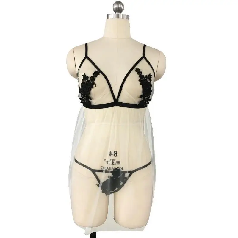 New Large-size Fat Sex Suspender Skirt, Sexy Mesh Perspective Embroidered Sex Underwear Sexy Costume  Plus Size Lingerie Porn