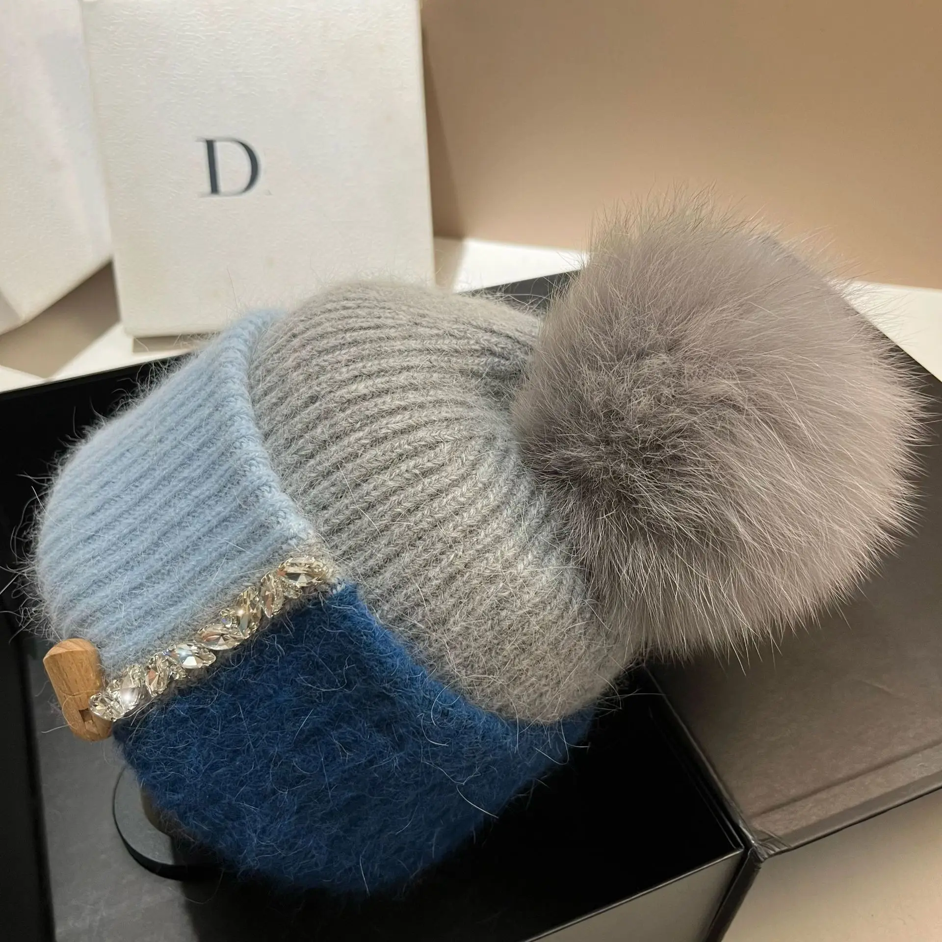 diamond rabbit fur knitted hat cold windproof warm pullover hat real fox fur pompom outdoor beanies sweet ear protection