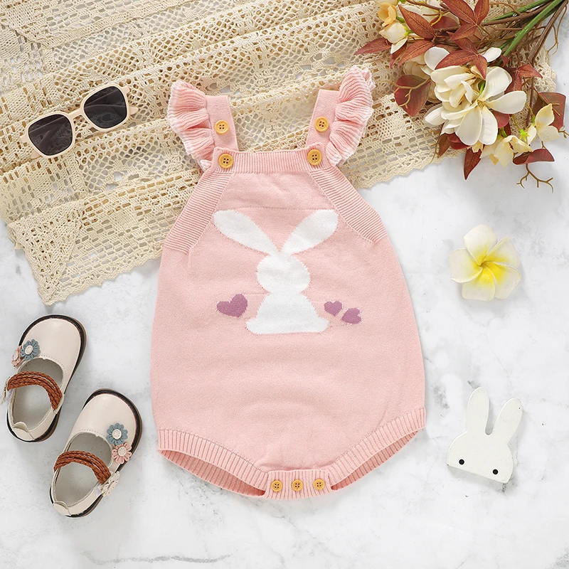 

Spring Rabbit Knitted Baby Bodysuits Sleeveless One Piece Newborn Girl Pink Onesie Outfits 0-18m Infant Cotton Jumpsuits Clothes