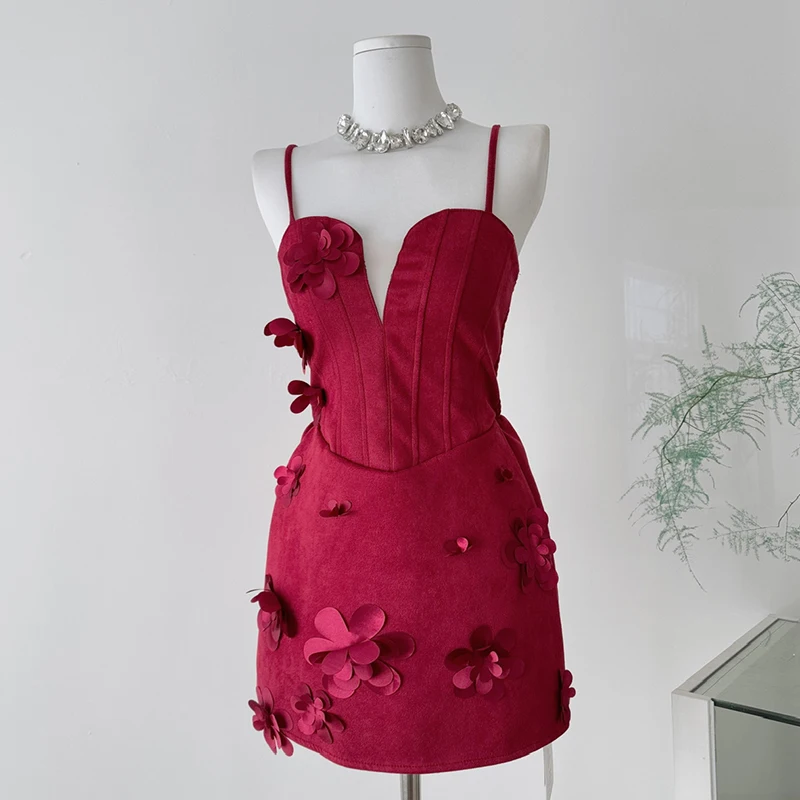 

Fishbone Deep V-neck Red Dress Spaghetti Strap 3D Flower High Waist Sexy Party Dress Elastic Back Short Dresses Female 2026 New