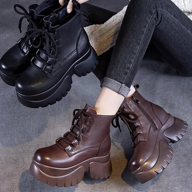 

Women's Short Boots Thick Bottom Leather High Top Boots All Match Small Size 34 Autumn Winter Season round Toe